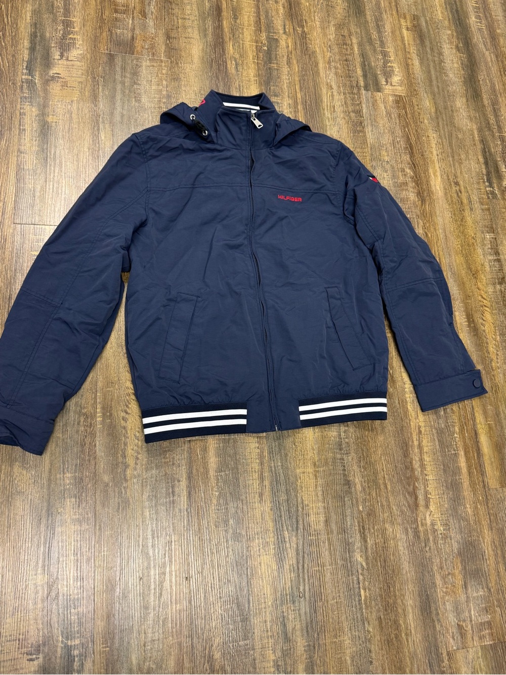 Tommy Hilfiger Men’s Vtg Navy Hooded Regatta Yacht Jacket with Stripe Trim M - Picture 5 of 16